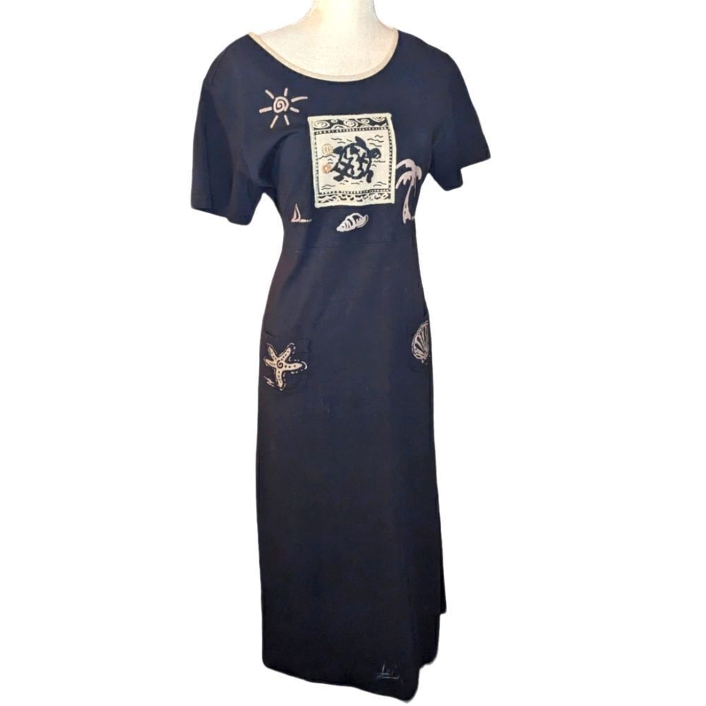 Bentley black vintage cotton dress ocean theme details‎